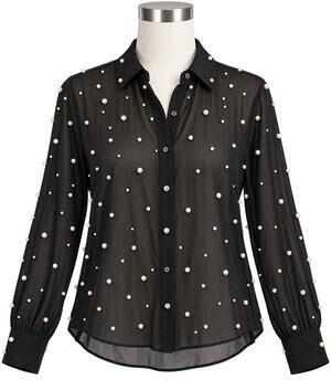 Bailey 44 Black Sheer Faux Pearl Embellished Button Blouse - Size L